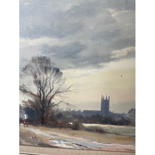 422A - Marcus Ford (1915 -1989) oil on canvas of a winter landscape 'View of Bungay'. Signed lower left. W9... 