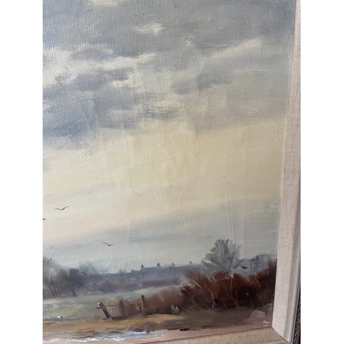 422A - Marcus Ford (1915 -1989) oil on canvas of a winter landscape 'View of Bungay'. Signed lower left. W9... 