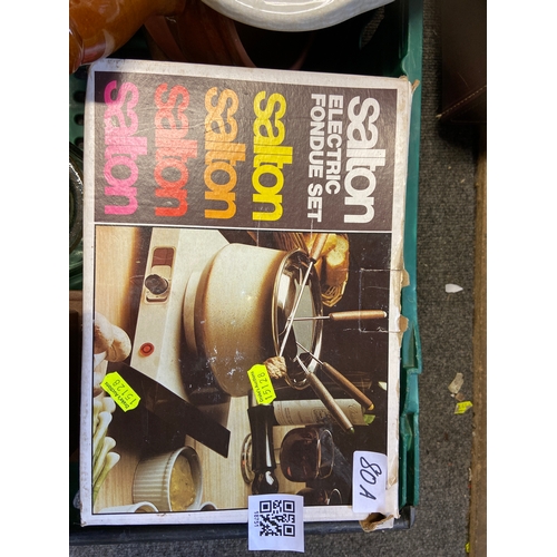 80A - Crate full of kitchen items Inc, Salton electric Fondue set, manual coffee grinder, large Greens 11 ... 