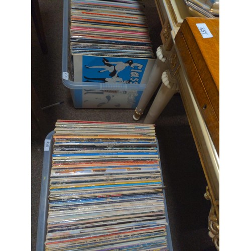 148 - Two clear plastic containers full of long playing vinyl records inc, Mike Oldfield, Tomita, John Han... 