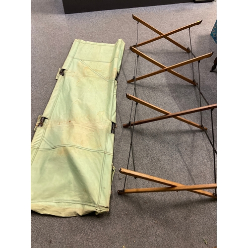 165 - Military officers canvas, metal and wood folding bed. Has original bag with written details of origi... 