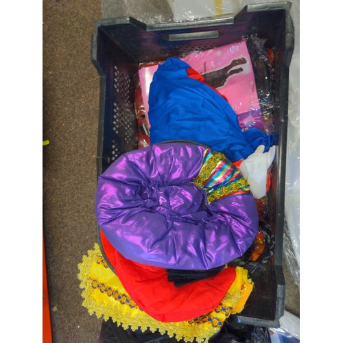 146 - Black crate full of fancy dress outfits, mixture of styles.