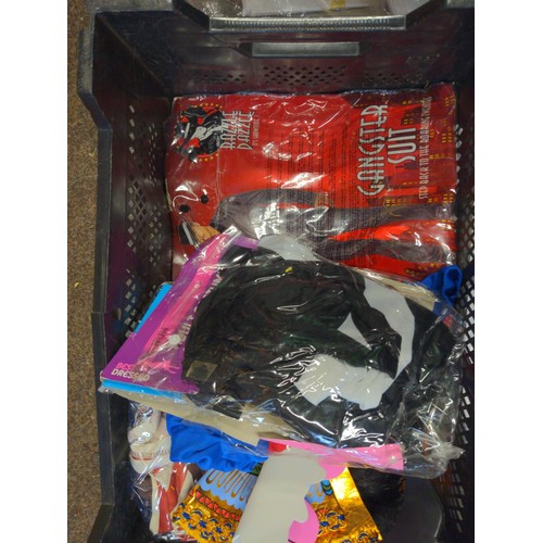 146 - Black crate full of fancy dress outfits, mixture of styles.