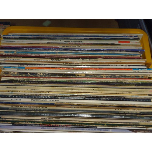 150 - Yellow box with approx 70 vinyl albums inc, The Hollies, Bill Hayley, Country Cousins, Robert Palmer... 