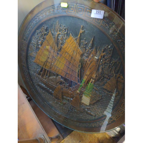 191 - Set of three heavily carved tilt top tables with glazed top featuring, Asian scenes. 