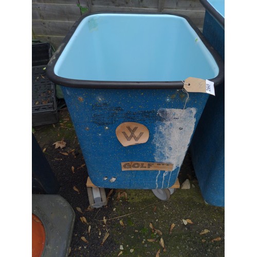 260 - Large blue plastic wheeled tub, 46 x 63 x H67cm