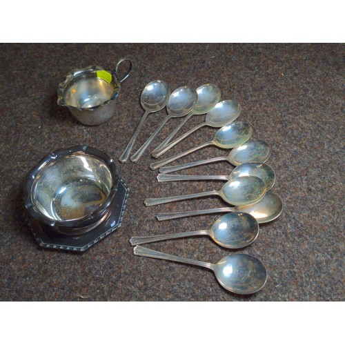 694 - Box with plated spoons, plus three pieces of plate ware, jug bowl and small tray.