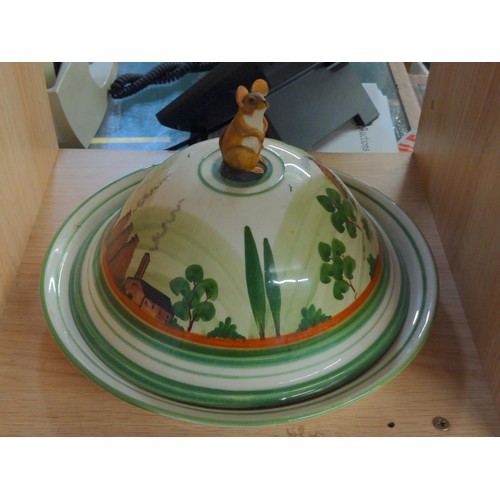 693 - Large cheese dish, Bovey Pottery Dartmoor. Depicting country scene with a mouse placed on top of the... 