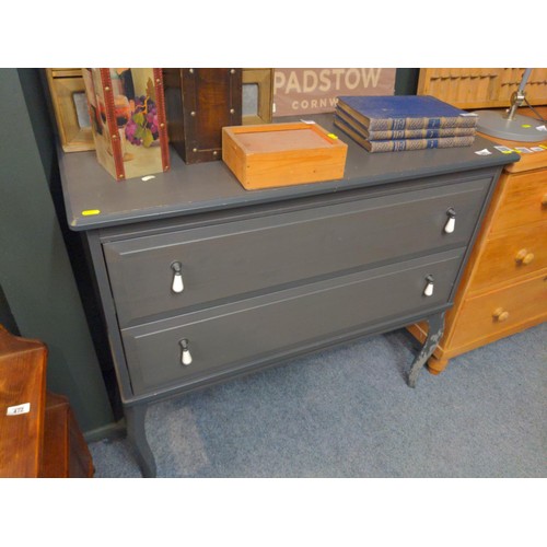 451 - Modern grey painted two drawers and ceramic drop knobs chest with tall legs off the ground. W102 D45... 