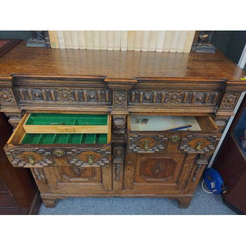 457 - English oak buffet unit/sideboard with high top ornately carved , two drawers and two cupboard doors... 