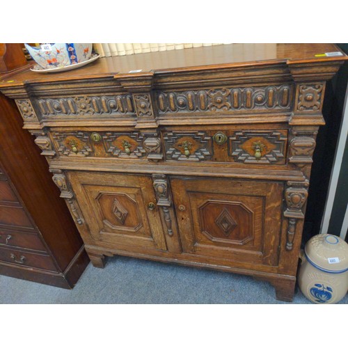 457 - English oak buffet unit/sideboard with high top ornately carved , two drawers and two cupboard doors... 