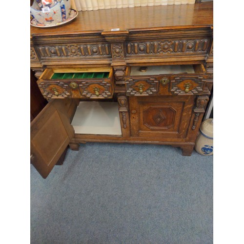 457 - English oak buffet unit/sideboard with high top ornately carved , two drawers and two cupboard doors... 