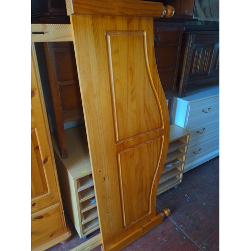 142 - Modern honey pine large wardrobe with, cabinet to top with two doors main double door robe and singl... 