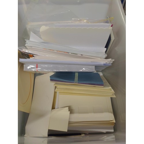 181C - Plastic crate containg card making items, envelopes plus approx 30 small tubs of decorative glitter ... 