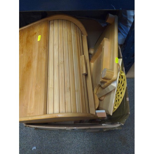 184 - Box of Modena ceramic storage jars, chopping boards, trivets and a brad bin