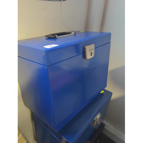 243 - 2 blue & 1 black metal filing boxes, only 1 has a key