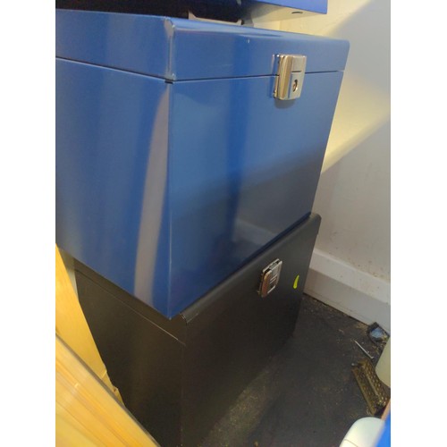 243 - 2 blue & 1 black metal filing boxes, only 1 has a key