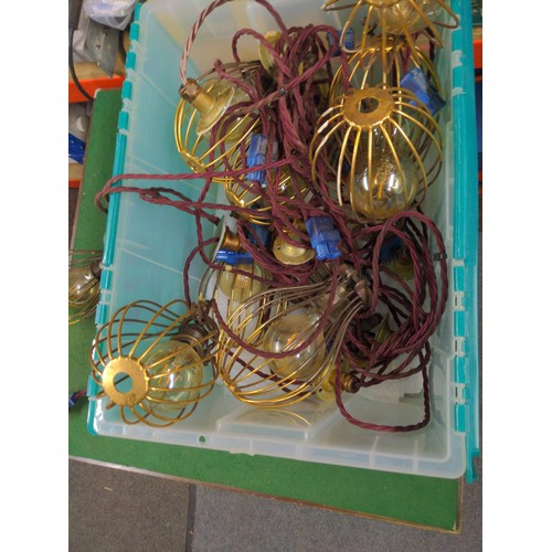 259 - Plastic crate of 12+ hanging light fittings, bulbs etc