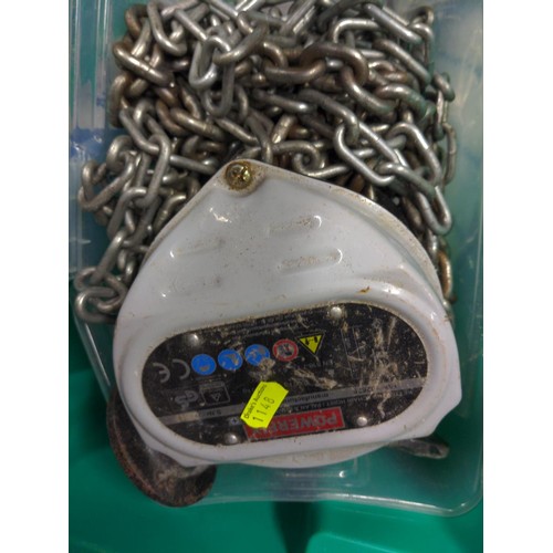 292 - Tow chain with hooks; saws; imperial tape measure; box of fixing bolts & nuts in a green plastic... 