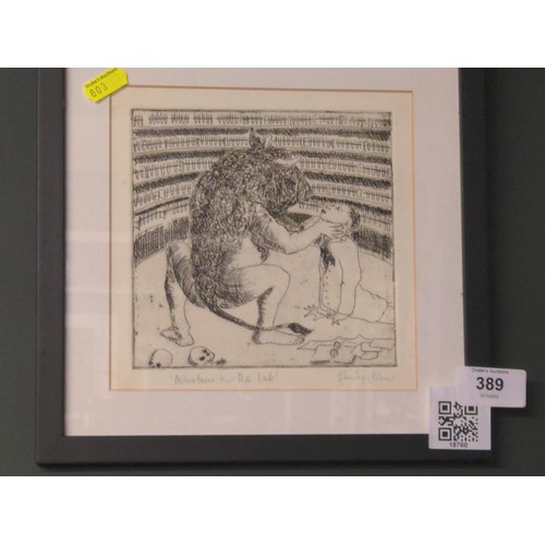 389 - Emily Johns, 'Minotaur in the Lab' signed etching, mounted and framed 25.5 x 25.5cm