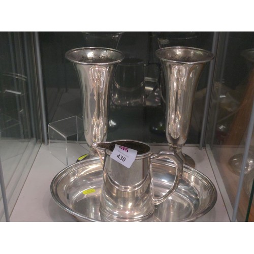 430 - Four pieces of plated ware inc. a Mappin & Webb dish and hot water jug marked with military broa... 