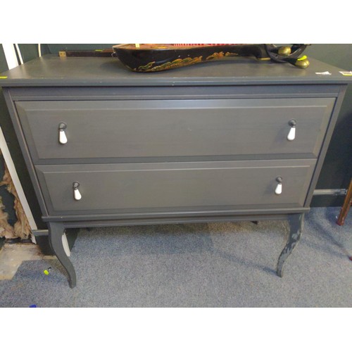 451 - Modern grey painted two drawers and ceramic drop knobs chest with tall legs off the ground. W102 D45... 