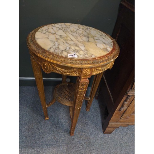 452A - Empire style gilt table, with circular marble top over swag decorated frieze & cane gallery. D51... 