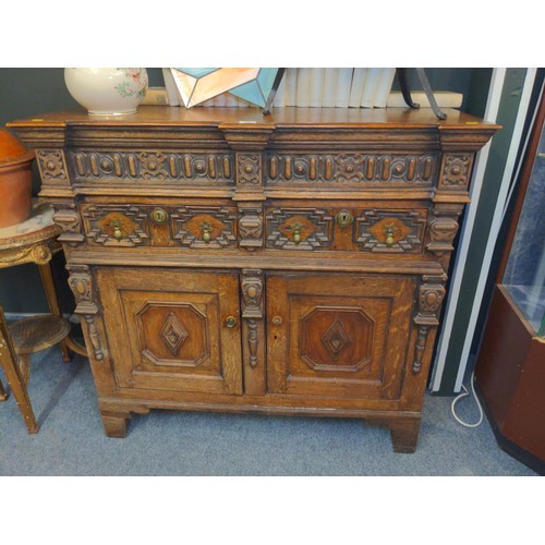 457 - English oak buffet unit/sideboard with high top ornately carved , two drawers and two cupboard doors... 