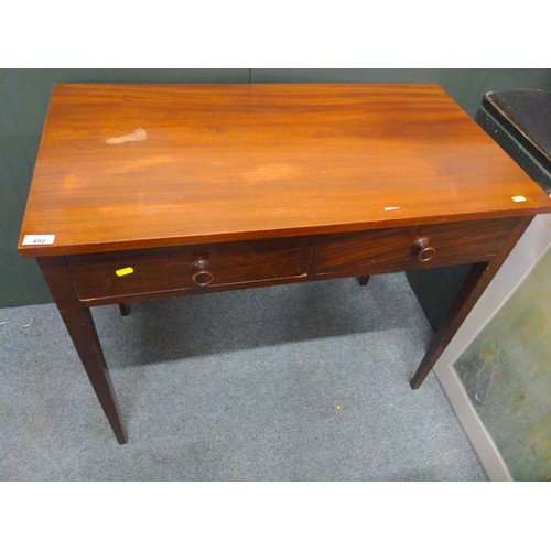 492 - Mahogany 2 drawer desk. W89cm D49cm H74cm