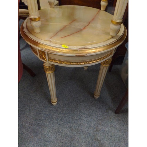 542 - pair of French style circular occasional tables, one with chipped marble top, other the top is missi... 