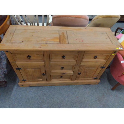 544 - Modern pine mexican style sideboard with 5 drawers & 2 doors, heavy metal handles, 132 x 44 x ht... 