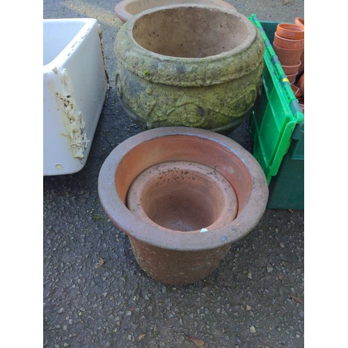 86 - Three terracotta graduated pots plus one stone planter. D42cm x H31cm