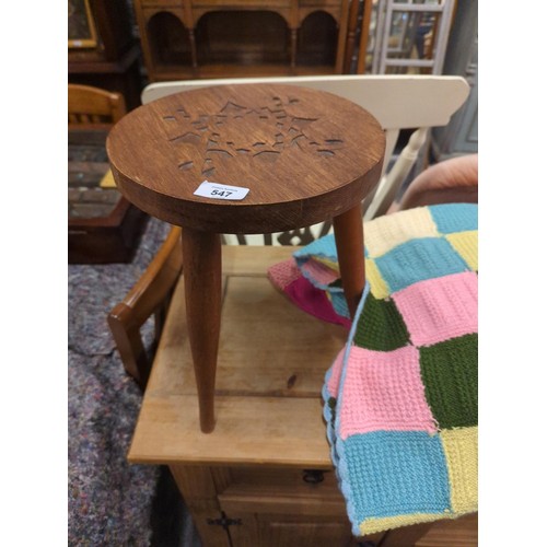 547 - Celtic style oak 3 legged stool, diam 16.5cms, ht 37 cms