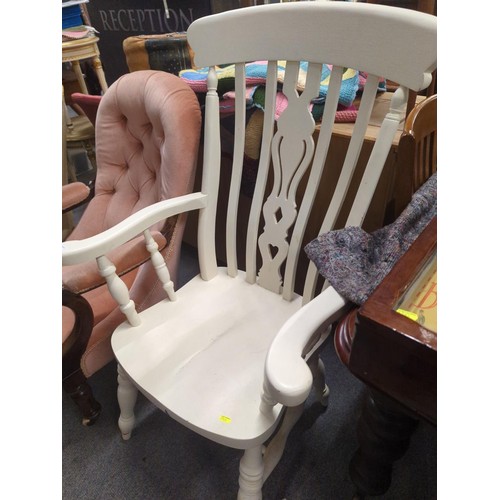 558 - White painted farmhouse carver chair. Seat height 46 cm to back 114 cm