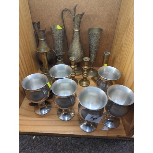 643 - Selection of mixed metal ware, Indian brass, English brass and six goblets.