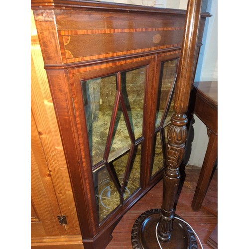 158 - Mahogany inlaid corner unit, glazed double doors. W87 D48 H110 cm