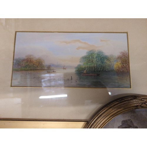 409 - Two watercolour landscapes (50cm x 35cm) in gilt frames and two coloured prints