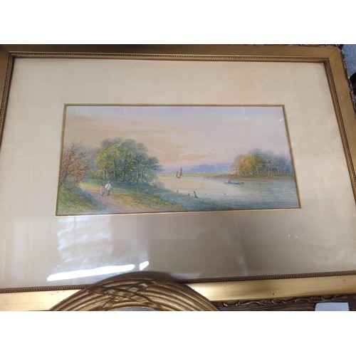 409 - Two watercolour landscapes (50cm x 35cm) in gilt frames and two coloured prints