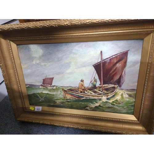 412 - Oil on board of a fishing boat scene. 67cm x 47cm 