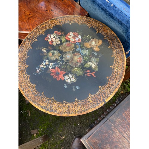 124F - Tilt top pedestal occasional table with inlay of flowers to top and gilt all round. Dia 56 H 77 CM20