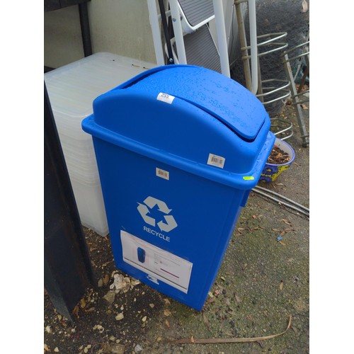125 - Blue plastic swing top bin, Shander thunder group 87 litre recycling bin.