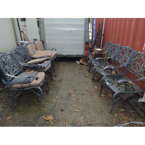 116 - Set of 8 acanthus leaf decorated cast aluminium garden chairs with cushions