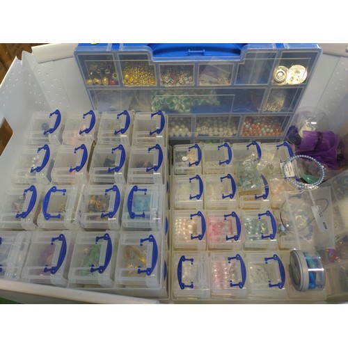 166 - One box full of jewellery making, beads, wire and other decorative fixings. All stored in containers... 