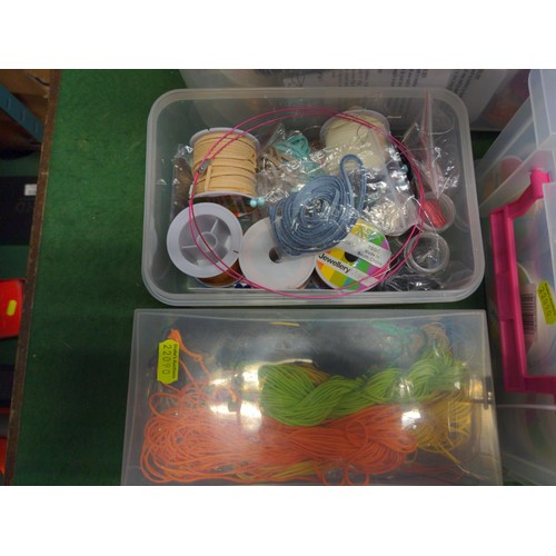 167 - One large plastic box and two small with jewellery making, leather straps, cords, elastic, wire etc.