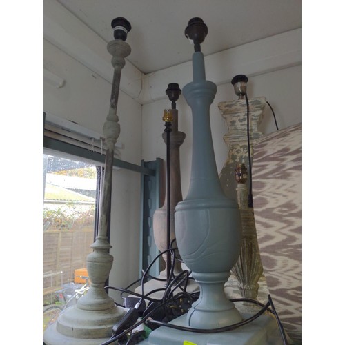 171 - Six table lamps, mostly wood, tallest 80cm, with two lampshades, diameter 51cm, plugs removed