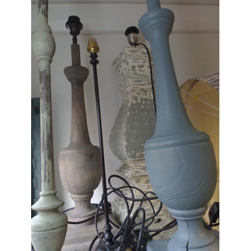 171 - Six table lamps, mostly wood, tallest 80cm, with two lampshades, diameter 51cm, plugs removed