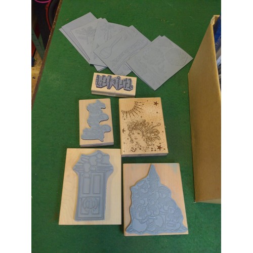173 - Small box with card making stamps instruction dvds, stencils Inc some christmas items 
