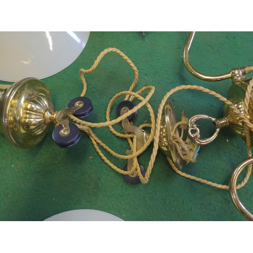 225 - Christopher Wray brass rise and fall ceiling light with cream glass shades