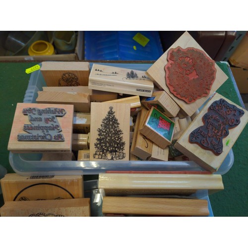 227 - 3 x small plastic tubs full of wooden and rubber craft print blocks inc. some Christmas