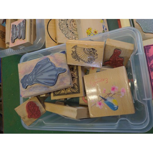 227 - 3 x small plastic tubs full of wooden and rubber craft print blocks inc. some Christmas